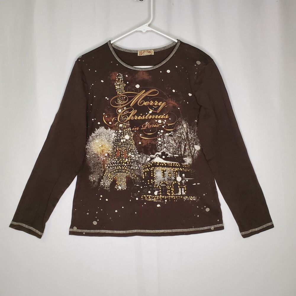Blue Canyon Merry Christmas Paris Graphic Sequin Top Women XL Brown 90s Y2K
